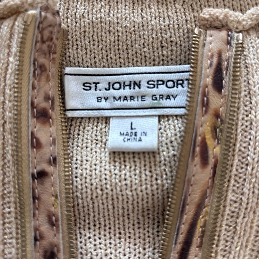 NWOT St John Sport Animal-Print Leather Zip Front Vest Knit Sweater Sz L